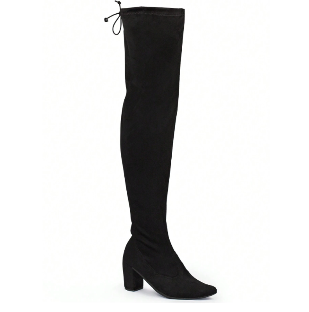 Bota Feminina Camurça Over The Knee Salto Alto Grosso Cano Longo Stretch Elástico Confortável