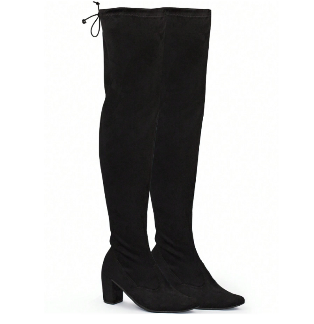 Bota Feminina Camurça Over The Knee Salto Alto Grosso Cano Longo Stretch Elástico Confortável