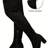 Bota Feminina Camurça Over The Knee Salto Alto Grosso Cano Longo Stretch Elástico Confortável