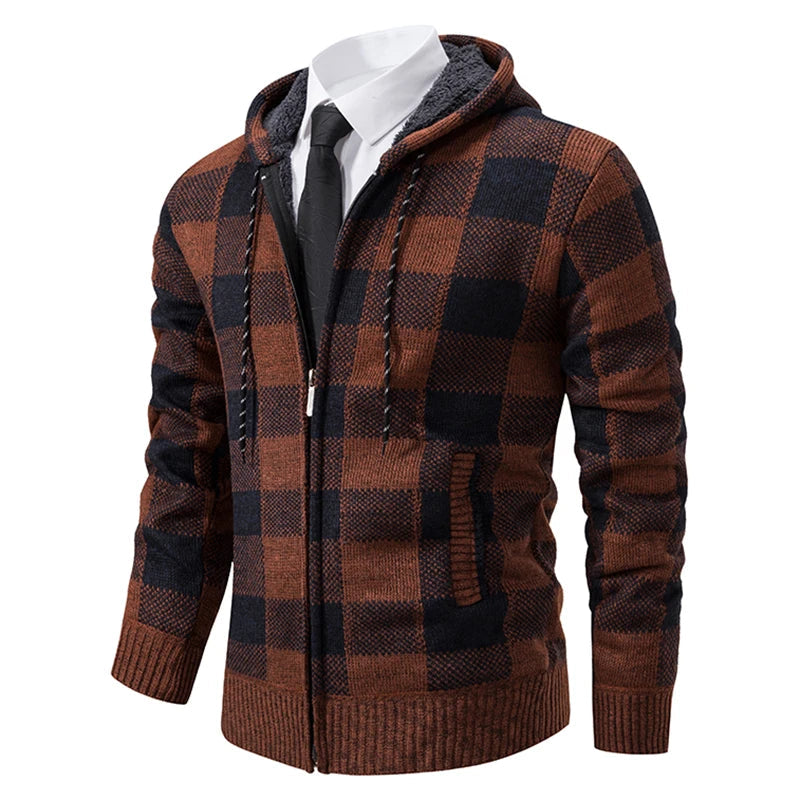 Jaqueta Masculina de Malha com Capuz Cardigã Xadrez
