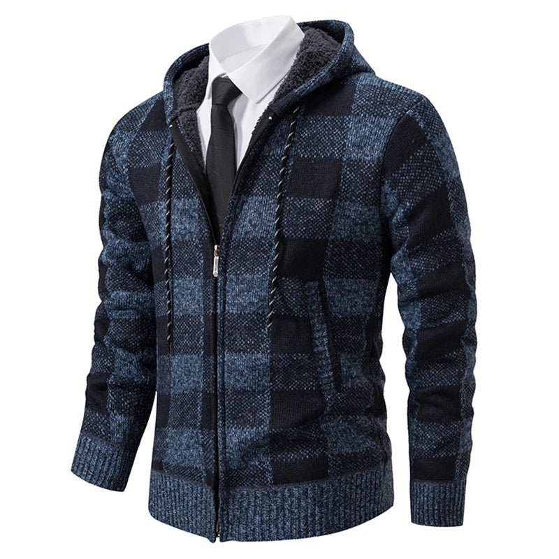 Jaqueta Masculina de Malha com Capuz Cardigã Xadrez