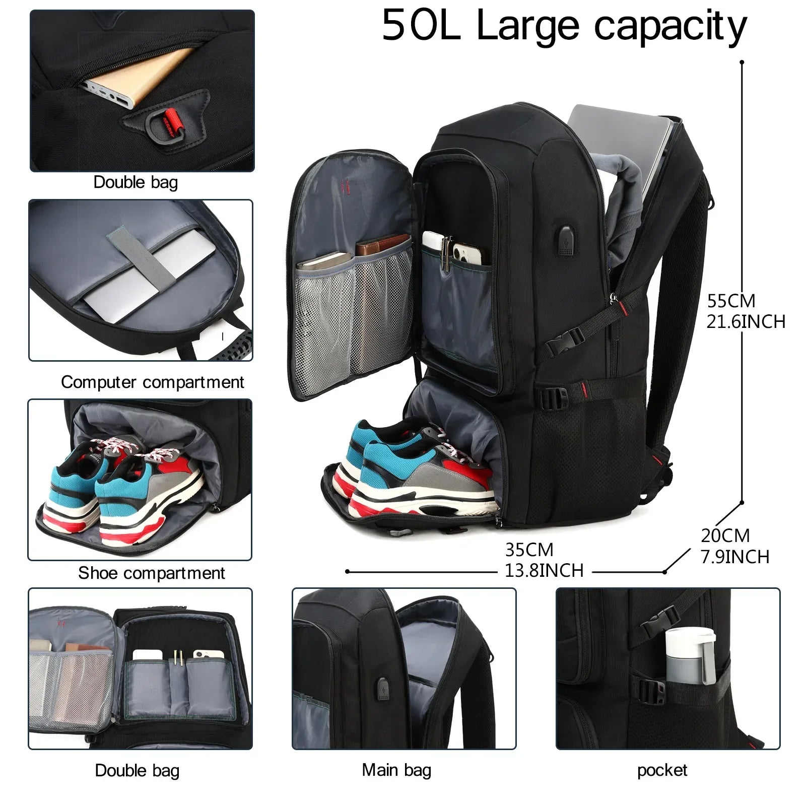 Mochila de Viagem 50L a Prova D'Água e Leve
