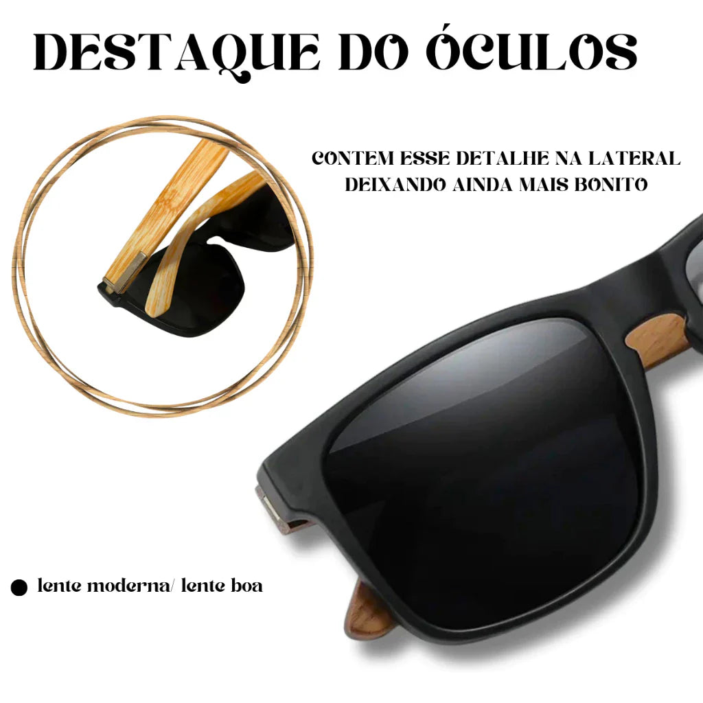 Óculos Masculino Quadrado Madeira Bambu UV400