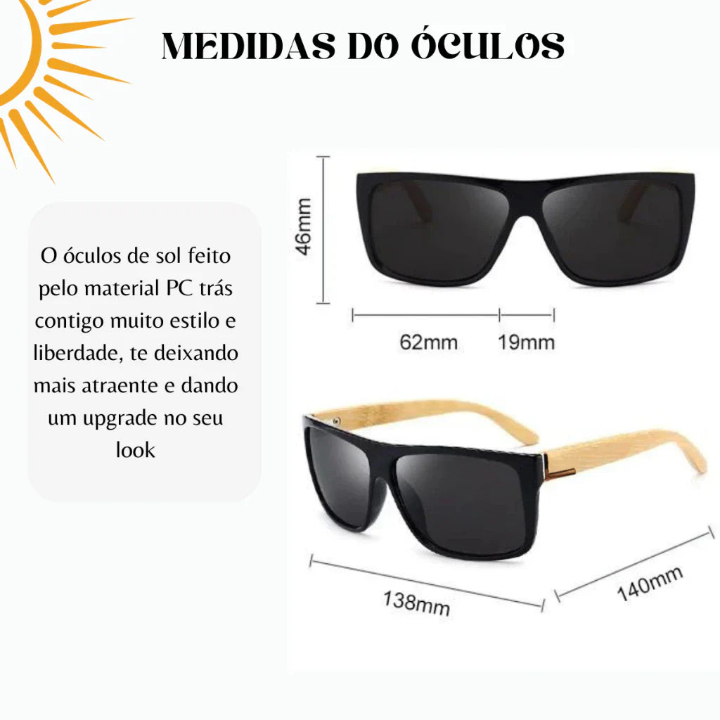 Óculos Masculino Quadrado Madeira Bambu UV400