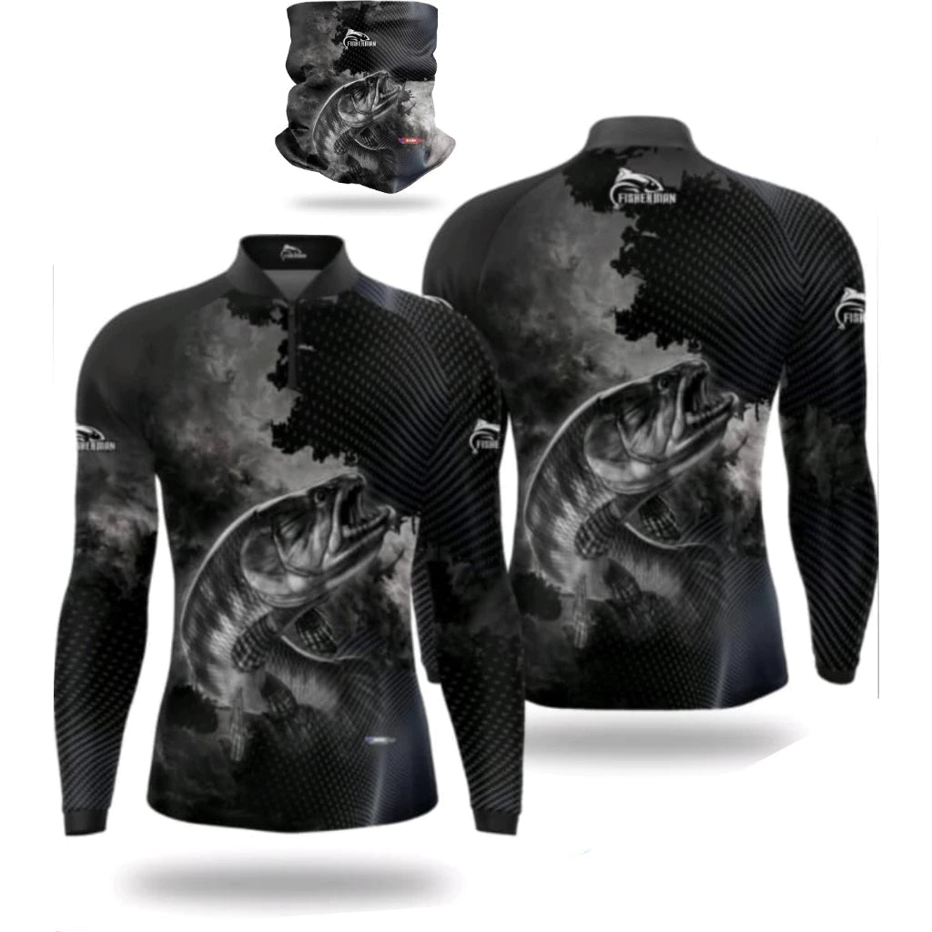 Kit Camisa FisherMan Traira Preta com Proteção UV500 + Bandana de Brinde