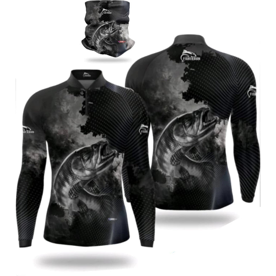 Kit Camisa FisherMan Traira Preta com Proteção UV500 + Bandana de Brinde